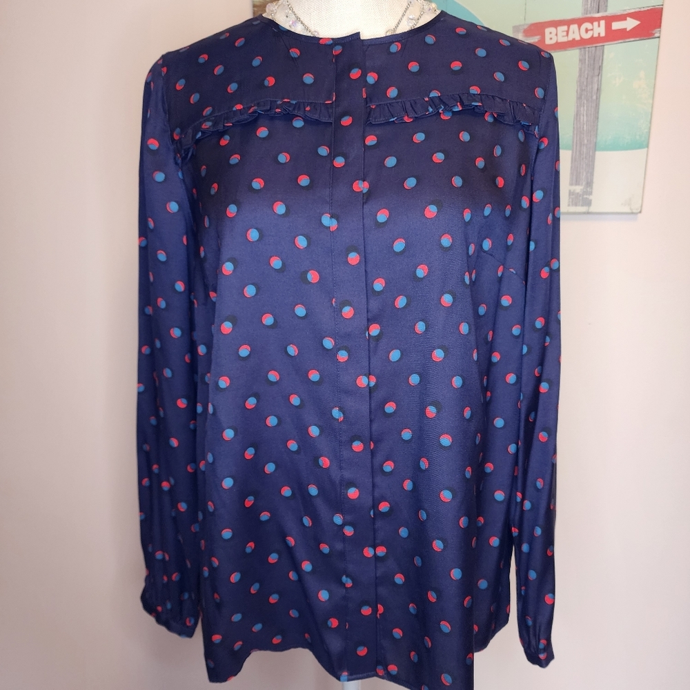 Boden NWOT dark blue silk viscose polka dot blouse ruffles 8